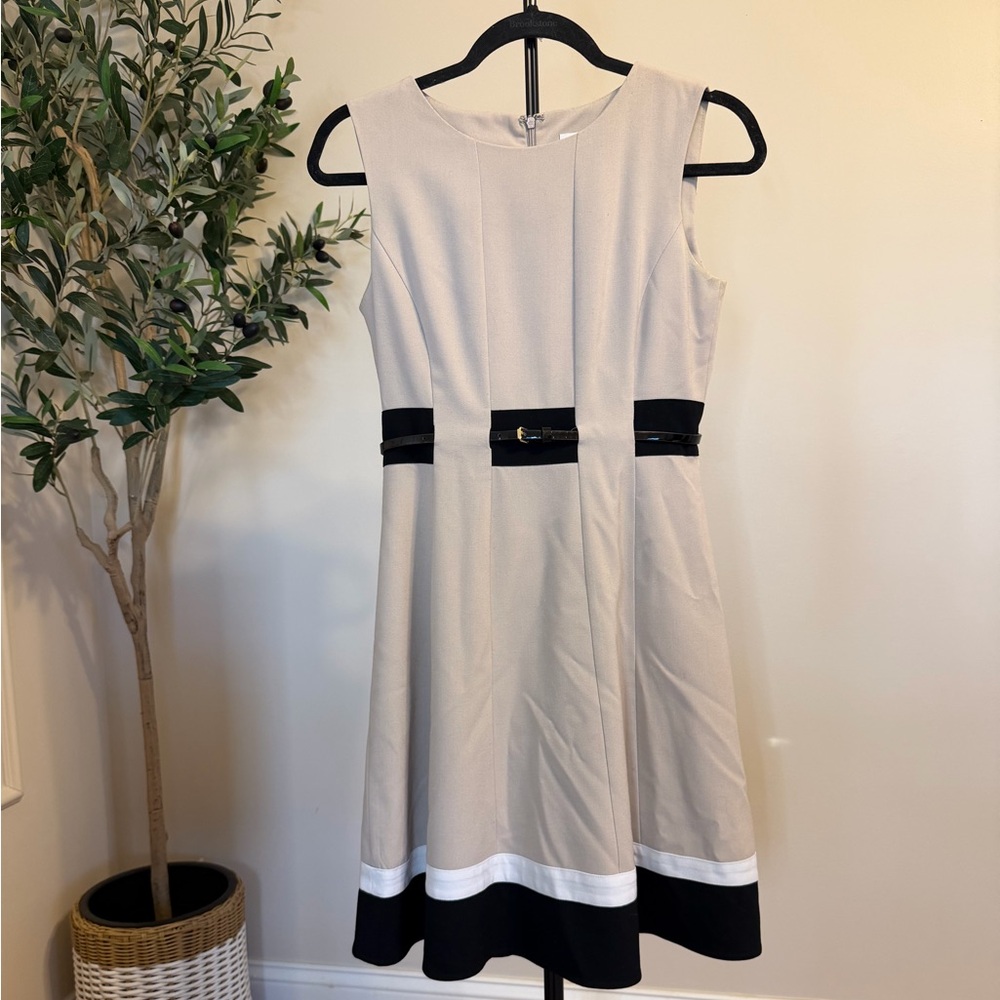 Calvin Klein Sleeveless Beige and Black Fit-and-Flare Dress